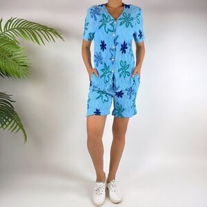 Vintage 90s Beachy Floral Retro Blue Coastal Summer Co-ord Set / Size: Large
